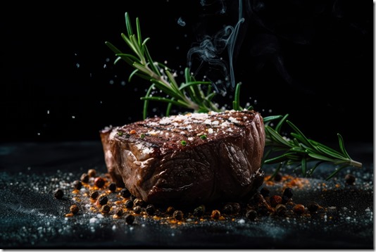Grilled beef steaks with spices and herbs on black slate and black background. Ai generative